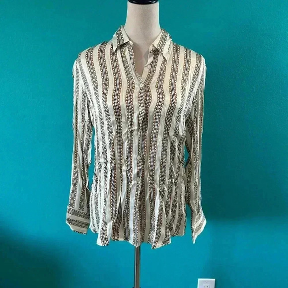 NWT Zara White Yellow Print Striped Long Sleeve Button-Down Shirt Size XS - Picture 2 of 6